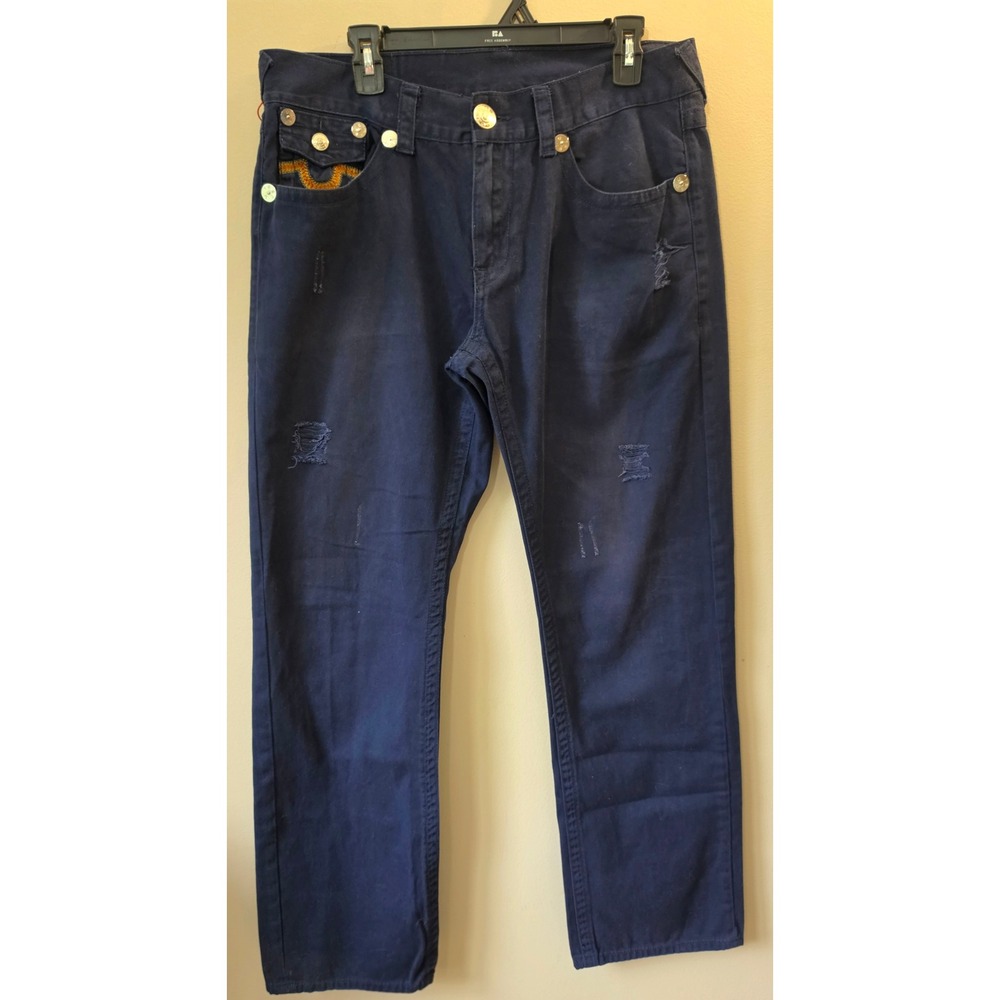 Vintage True Religion Ricky Straight Leg Navy Blue Distressed Jeans Mens 36